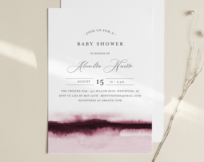 Baby Shower Invitation Template, Printable Baby Shower Invite, Burgundy Watercolor, Editable, DIY, Templett, INSTANT DOWNLOAD #093B-145BA