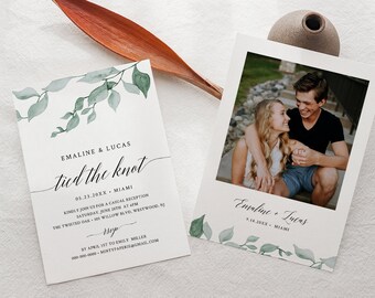 Photo Elope Announcement, Tied the Knot, Greenery Wedding Elopement Invitation, Casual Reception, INSTANT DOWNLOAD, 100% Editable #019-109EL