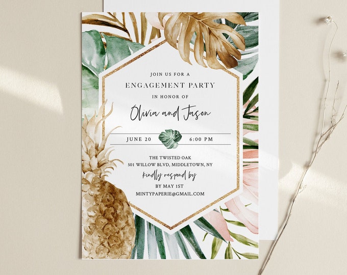 Tropical Engagement Party Invitation, Blush & Gold Lush Greenery and Pineapple, Editable Template, INSTANT DOWNLOAD, Templett #087-133EP