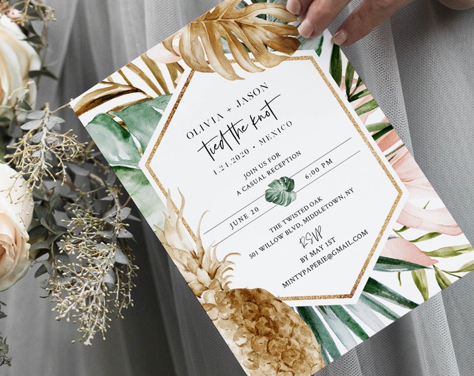 Elopement Invitation Template, Tropical Destination Wedding, Editable Reception Party Invite, INSTANT DOWNLOAD, Templett #087-120EL