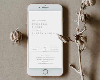 Digital Rehearsal Dinner Invite, Modern Minimalist Wedding Electronic Invitation, Evite, Text Message, Templett Instant Download #094-102RDD