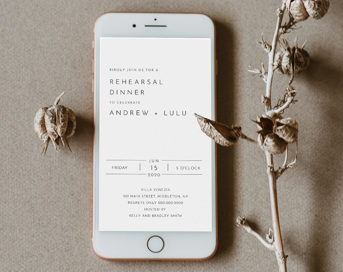 Digital Rehearsal Dinner Invite, Modern Minimalist Wedding Electronic Invitation, Evite, Text Message, Templett Instant Download #094-102RDD