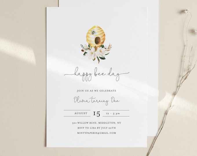 Bee Birthday Day Invitation Template, Happy Bee Day, Beehive, Honey, 1st Birthday, 100% Editable Text, Instant Download, Templett #097-102BD