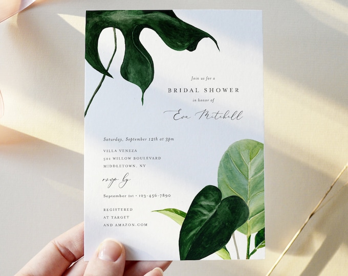 Modern Tropical Bridal Brunch Shower Invitation, Minimalist Greenery, Editable Wedding Shower Invite, Instant Download, Printable 0012-279BS