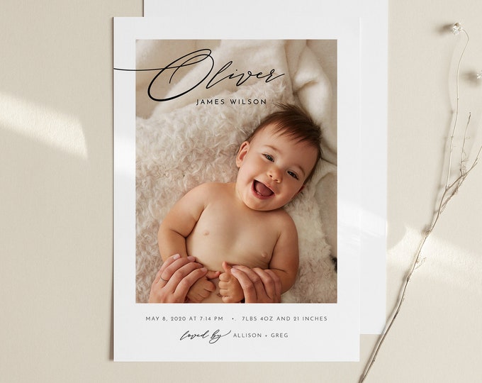 Photo Birth Announcement, Baby Announcement Card, Newborn, Modern, 100% Editable Template, Printable, Instant Download, Templett #106BAC