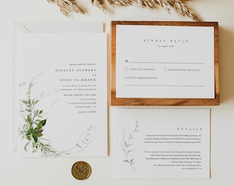 Modern Greenery Wedding Invitation Set, INSTANT DOWNLOAD, Minimalist, Elegant, Editable Template, Invite, RSVP, Details, Templett #0011A