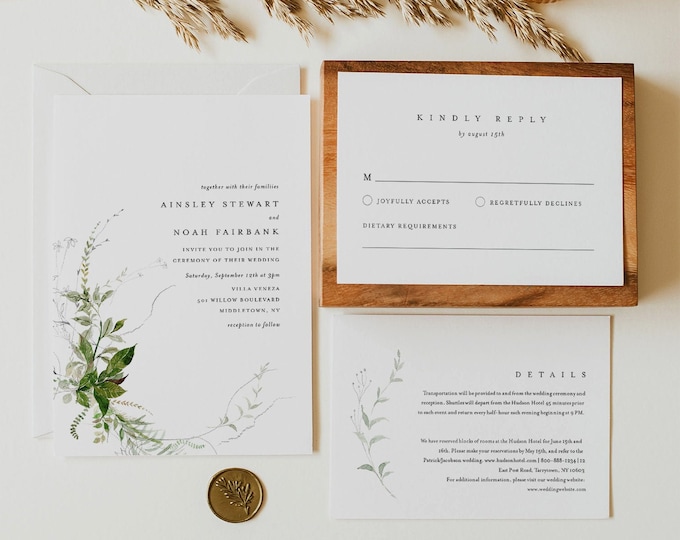 Modern Greenery Wedding Invitation Set, INSTANT DOWNLOAD, Minimalist, Elegant, Editable Template, Invite, RSVP, Details, Templett #0011A