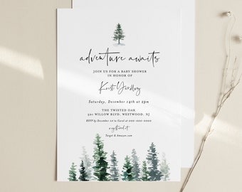 Baby Shower Invitation, Rustic Pine Tree Winter Baby Shower, Adventure Awaits, Editable Template, INSTANT DOWNLOAD, Templett #073-133BA