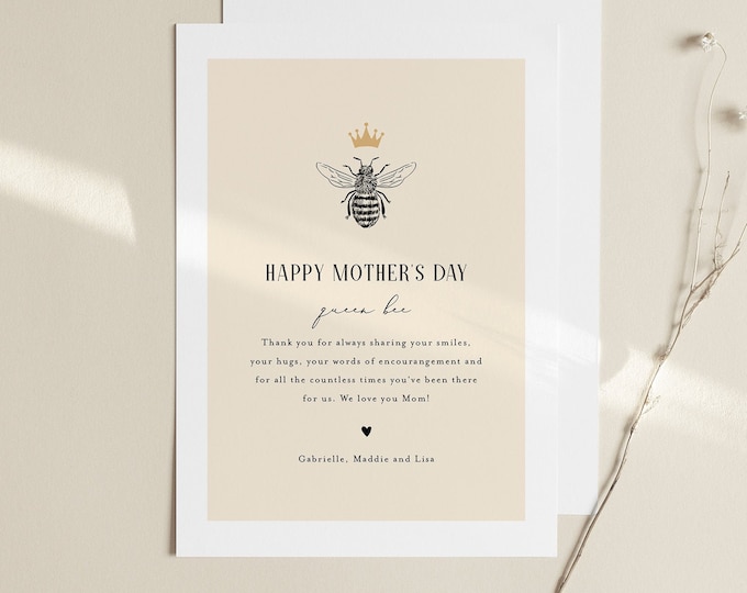 Queen Bee Mother's Day Card, Printable Funny Mothers Day Template, Personalize, Editable Template, Instant Download, Templett, 5x7 #110MDC