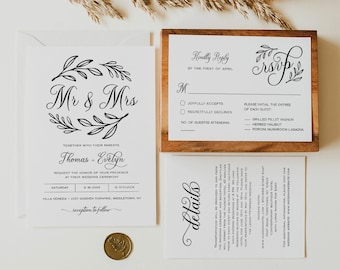 Printable Wedding Invitation Suite, Minimalist Rustic Wedding Invite, RSVP, Details Card, LGBT, Instant Download, Editable Template #027B