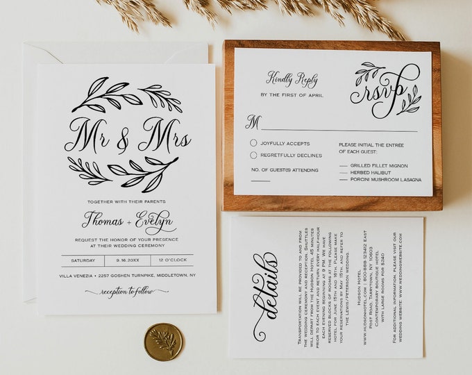 Printable Wedding Invitation Suite, Minimalist Rustic Wedding Invite, RSVP, Details Card, LGBT, Instant Download, Editable Template #027B