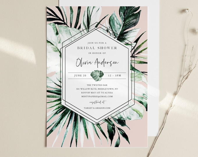 Tropical Bridal Shower Invitation, Couples Shower Template, Monstera and Palm, Editable Summer Wedding Shower, INSTANT DOWNLOAD #087-249BS