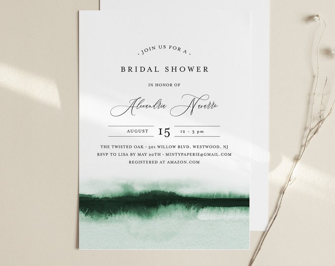 Watercolor Bridal Shower Invitation Template, Minimalist Wedding Shower Invite, INSTANT DOWNLOAD, 100% Editable, Printable #093C-259BS