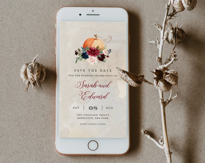 Fall Save the Date, Pumpkin Electronic Invitation, Evite, Digital, Text Invite, Editable Text, Templett, Instant Download #072A-115SDD