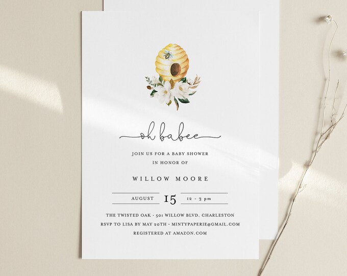 Oh Babee Baby Shower Invitation Template, Printable Bee Baby Shower Invite, INSTANT DOWNLOAD, 100% Editable Text, DIY, Templett #097-152BA