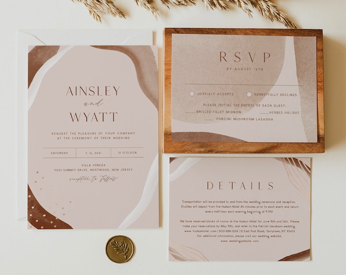 Abstract Art Wedding Invitation Set, Modern, Neutral, Earthy, Bohemian, Editable Template, Printable, Instant Download, Templett #0016B