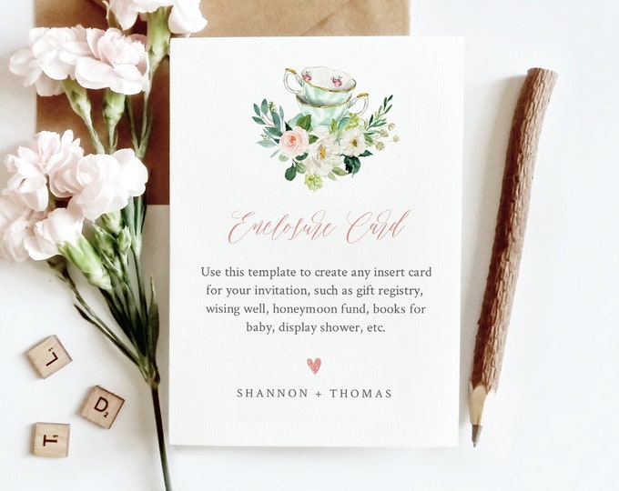 Tea Party Enclosure Card Template, Wedding, Bridal Shower, Baby Shower, Insert Card, 100% Editable Text, Registry, Book Request #085-146EC