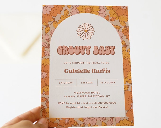 Groovy Baby Shower Invitation, Hippie, Retro, 70's Vibe Baby Shower Invite, Editable Template, Instant, Templett #050-210BA