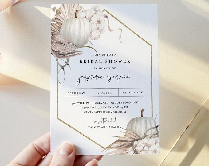 Fall Boho Bridal Shower Invitation Template, Bohemian Pumpkin Pampas Palm Wedding Shower Invite, 100% Editable Text, Templett #0022-299BS