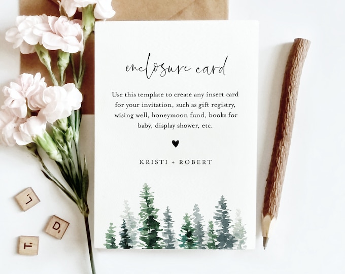 Pine Enclosure Card Template, Rustic Winter Wedding, Bridal Shower, Baby Shower, Any Insert Card, Registry, Book Request, Editable 073-150EC