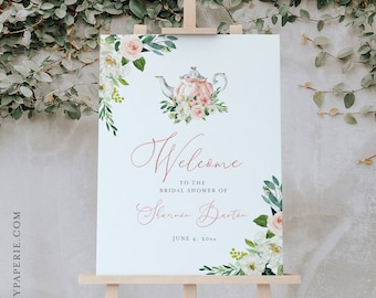 Tea Party Welcome Sign Template, Printable Bridal Tea Shower Welcome Poster, Blush Floral, Editable, Instant Download, Templett #085C-154LS