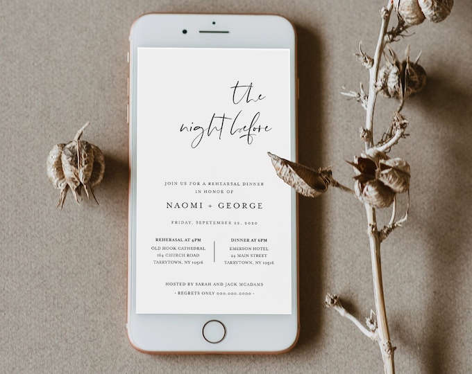 Digital Rehearsal Dinner Invite, Modern Minimalist Wedding Electronic Invitation, Evite, Text Message, Templett Instant Download #096-106RDD