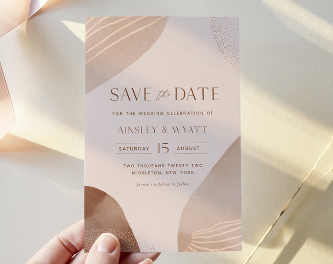 Abstract Art Save the Date Template, 100% Editable Text, Earthy, Terracotta Wedding Date Postcard, Instant Download, Templett #0016-181SD