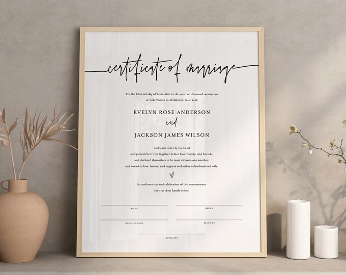 Marriage Certificate Template, Minimalist Wedding Certificate, Wedding Keepsake, Editable Text, Instant Download, 8x10, 16x20 #0009-112MC