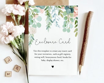 Enclosure Card Template, Lush Garden Wedding, Bridal Shower, Baby Shower, Any Insert Card, Registry, Book Request, Editable Text #068A-151EC