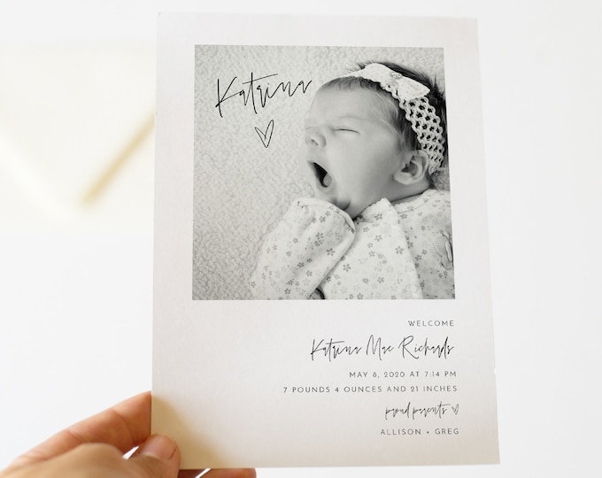 Photo Birth Announcement, Baby Announcement Card, Newborn, Modern, 100% Editable Template, Printable, Instant Download, Templett 0009-103BAC