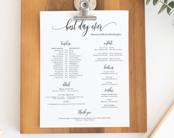 Bridal Party Timeline, Minimalist Wedding Itinerary, Order of Events, Details for Bridesmaid & Groomsmen, Editable, Templett #008-106BPT