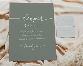 Sage Green Baby Diaper Raffle Game, Muted Tones, Gender Neutral Baby Shower Game, Raffle Ticket Insert and Sign, Instant Download #029-106DR