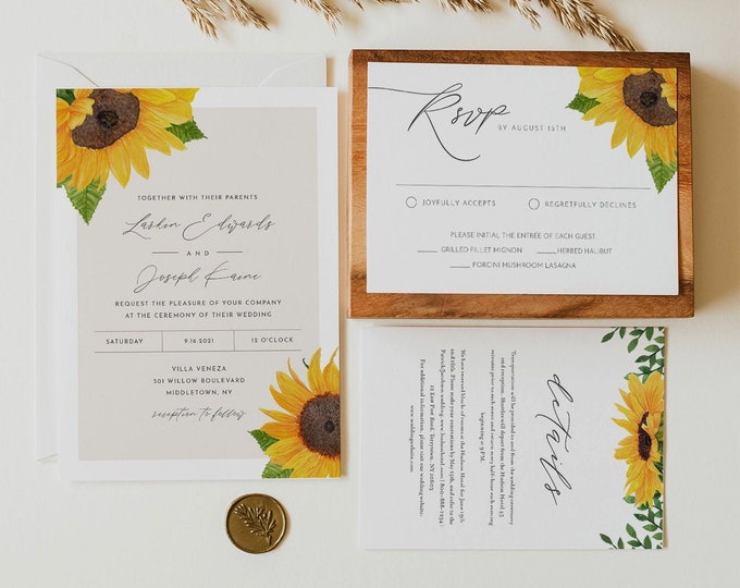 Sunflower Wedding Invitation Set, Printable Summer or Fall Wedding Suite, Rustic Barn, Editable Template, Instant Download, Templett #0010B