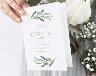 Olive Wedding Program Template, Folded Booklet, Printable Order of Service, INSTANT DOWNLOAD, 100% Editable, Catholic Ceremony #081-135WP