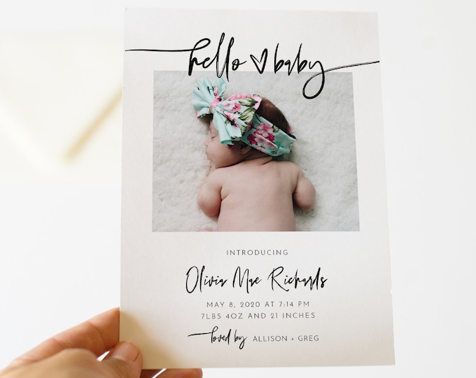 Birth Announcement, Photo Baby Announcement Card, Newborn, Modern, 100% Editable Template, Printable, Instant Download, Templett 0009-101BAC