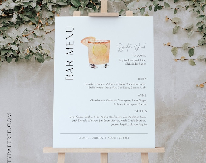 Signature Drinks Bar Sign, 200+ Cocktails, Wine, Beer, Editable Minimalist Bar Menu, Alcohol, Instant Download, Templett #0026B-41S