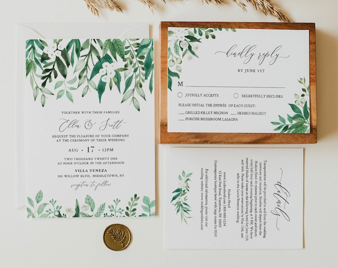 Lush Garden Wedding Invitation Set, Printable Spring / Summer Greenery Wedding Suite, Editable Template, Instant Download, Templett #080A