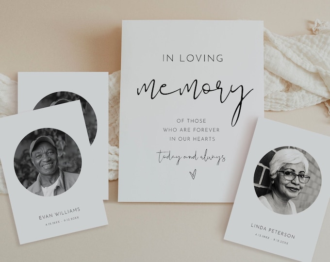 In Loving Memory Sign and Memorial Photo Cards, Editable Text and Image Upload, Minimalist Wedding Memorial Sign, Templett #0031-103LMC