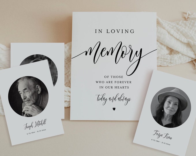 In Loving Memory Sign and Memorial Photo Cards, Editable Text and Image Upload, Minimalist Wedding Memorial Sign, Templett #008-105LMC