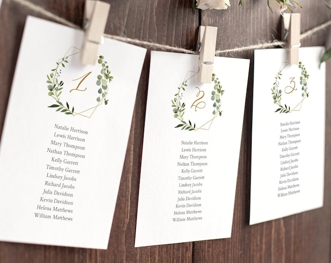 Greenery Seating Chart Template, Wedding Seating Plan, Editable Hanging Seating Card, Place Card Alternative, INSTANT DOWNLOAD #056-127SP