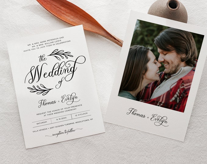 Rustic Wedding Invitation Set, Wreath Wedding Invite Template, Calligraphy, Printable Files, Instant Download, Editable Template #027A