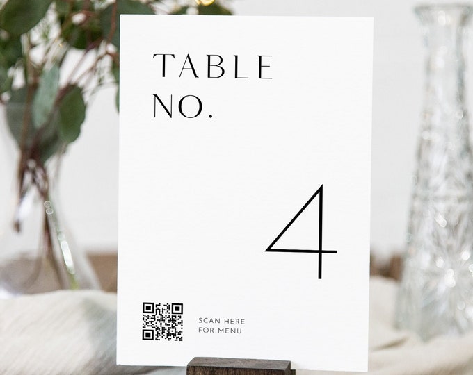 Table Number Card Template, QR Code Menu, Modern Minimal Wedding Table Number, Editable, Instant Download, Templett, 4x6, 5x7 #0026B-216TC