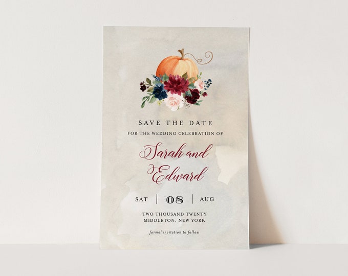 Pumpkin Save the Date Template, 100% Editable Text, Printable Fall Wedding Date, DIY, Templett, Digital, Instant Download #072A-163SD