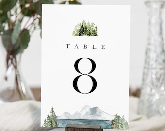 Lake Table Number Cards, Printable Mountain Pine Wedding Table Number, Woodland, Editable Template, Instant Download, Templett #017A-166TC