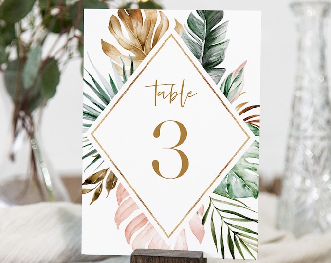 Tropical Table Number Card Template, Printable Lush Greenery & Gold Table Number, Beach Wedding, INSTANT DOWNLOAD, Templett  #087-155TC