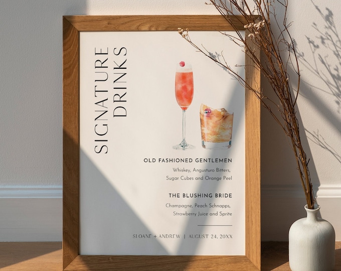 Signature Drinks Sign, 200+ Cocktails, Wine, Beer, Minimalist Signature Bar Menu, Alcohol, His Her Drinks, Instant Download #0026B-39S