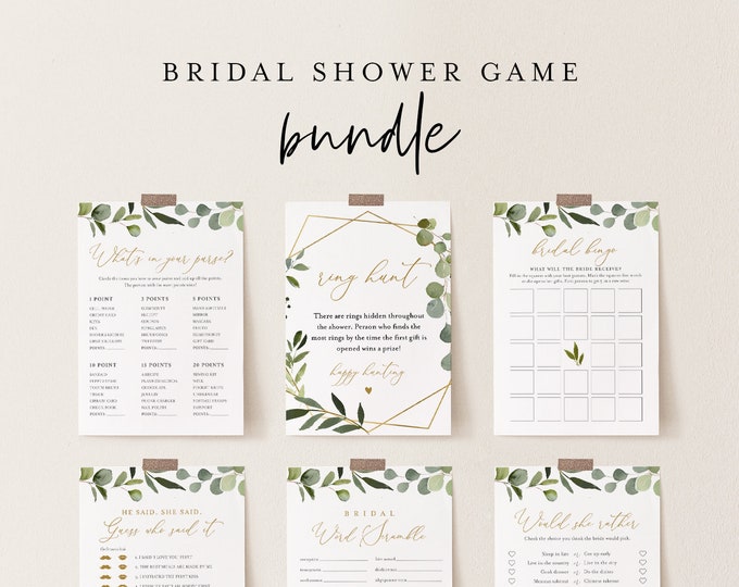 Bridal Shower Game Bundle, 15 Editable Templates, INSTANT DOWNLOAD, Customize Name & Questions, Greenery Bridal Games, Templett #056BGB