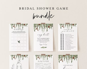 Bridal Shower Game Bundle, 13 Editable Templates, INSTANT DOWNLOAD, Customize Name & Questions, Winter Pine Bridal Games, Templett #0017BGB