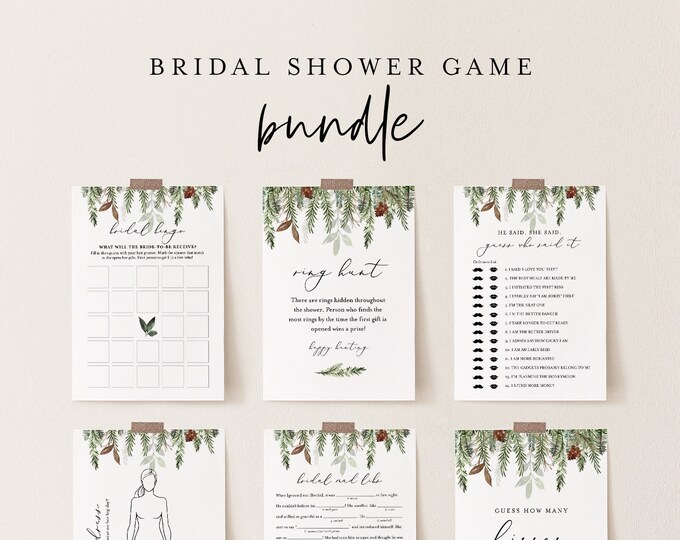 Bridal Shower Game Bundle, 13 Editable Templates, INSTANT DOWNLOAD, Customize Name & Questions, Winter Pine Bridal Games, Templett #0017BGB