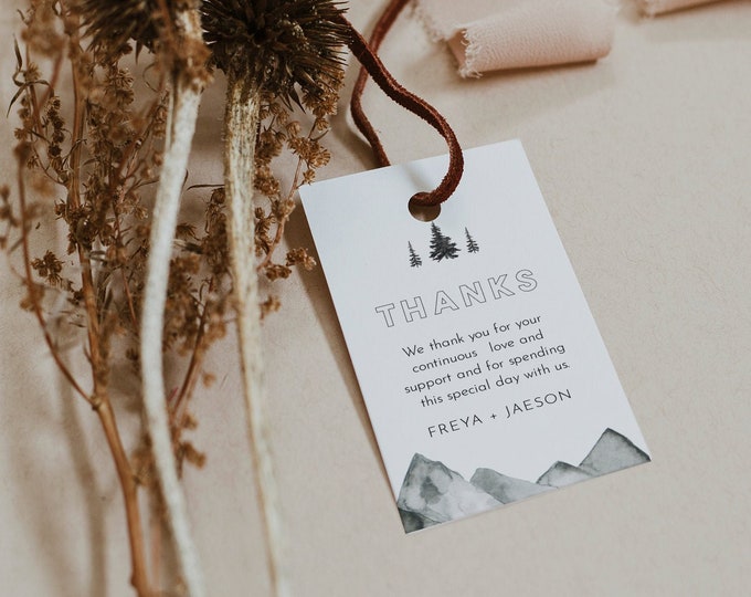 Mountain Pine Favor Tag Template, Rustic Woodland Bridal Shower, Wedding, Baby Shower, Editable, Instant Download, Templett #0015-180FT